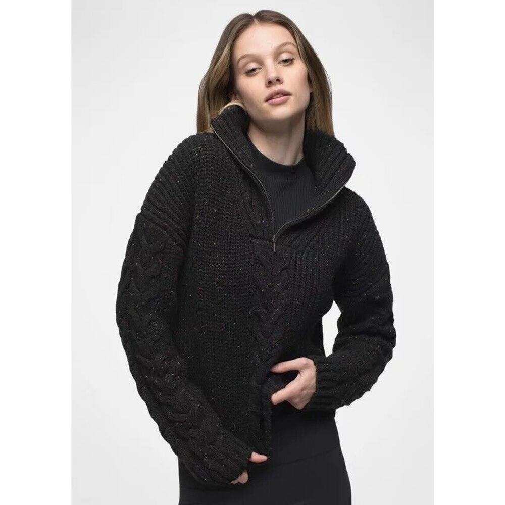 Prana Laurel Creek Cable Knit Fisherman Sweater 1/4 Zip Black Chunky Womens XL